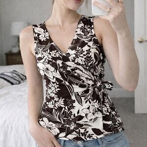 Y2K‎ Brown Cream Floral Wrap Top Sleeveless Side Tie Vneck Women S Boho Summer